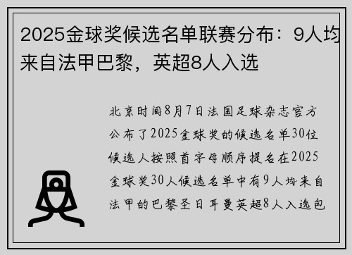 2025金球奖候选名单联赛分布：9人均来自法甲巴黎，英超8人入选